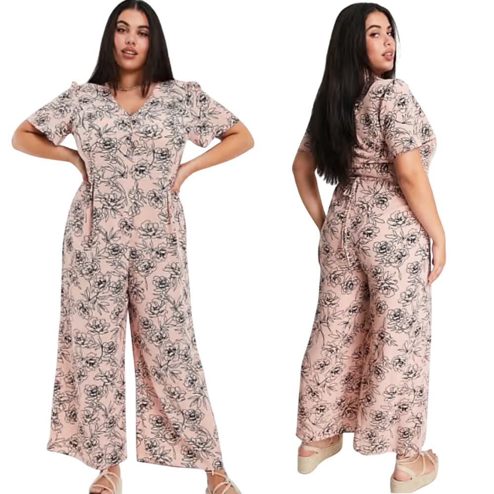 ASOS Design Floral Jumpsuit Wide Leg Cinch Ties Waist Black Pink Curve Womens 14